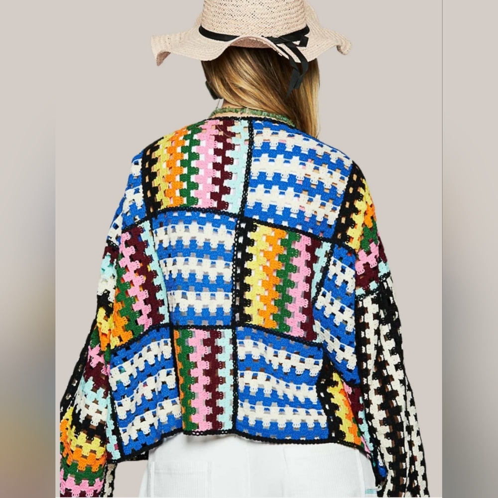 Pol Patchwork Square Crochet Cardigan Sweater - image 2